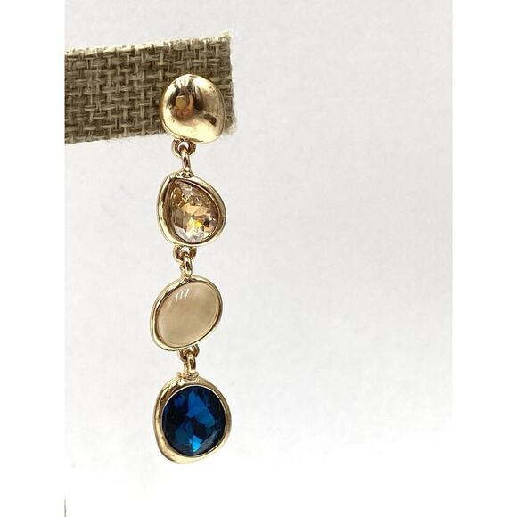 Earrings Drops Dangles Glass Stones Blue Gold Tone - Picture 6 of 7